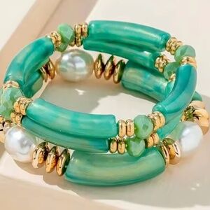 3PCS Set Green Vintage Design Resin Elastic Bracelet Bamboo